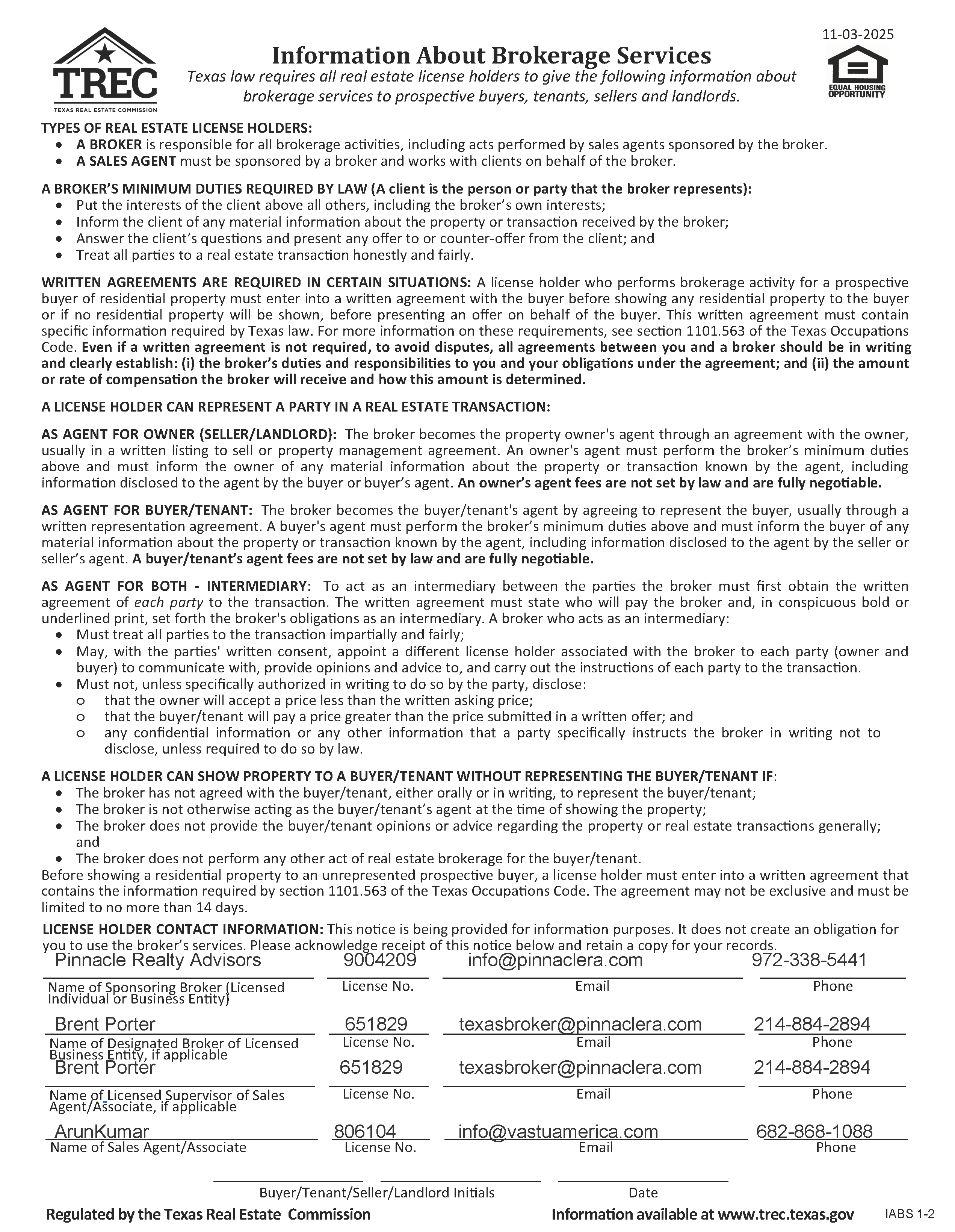 TREC IABS ArunKumar VastuAmerica powered by Pinnacle Realty Advisors